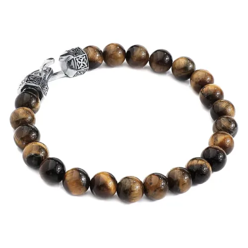 Bracciale unisex con perle di occhio di tigre e chiusura in acciaio su sfondo bianco