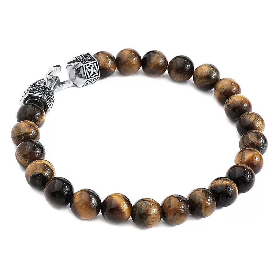 Bracciale unisex con perle di occhio di tigre e chiusura in acciaio su sfondo bianco