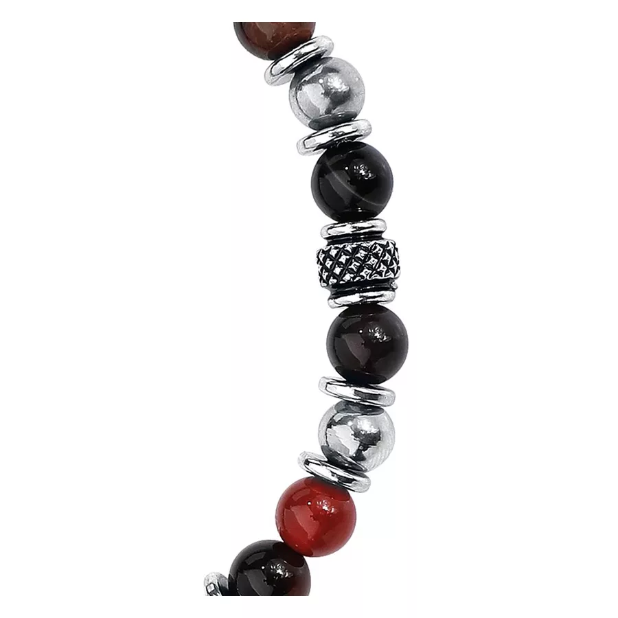 Bracciale in acciaio chirurgico con pietre nere e rosse su sfondo bianco