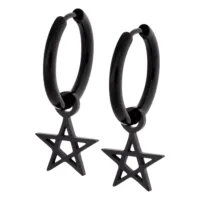 Orecchini Pentagramma Neri in Acciaio Inossidabile Due orecchini neri in acciaio inossidabile con pendente a pentagramma su sfondo bianco
