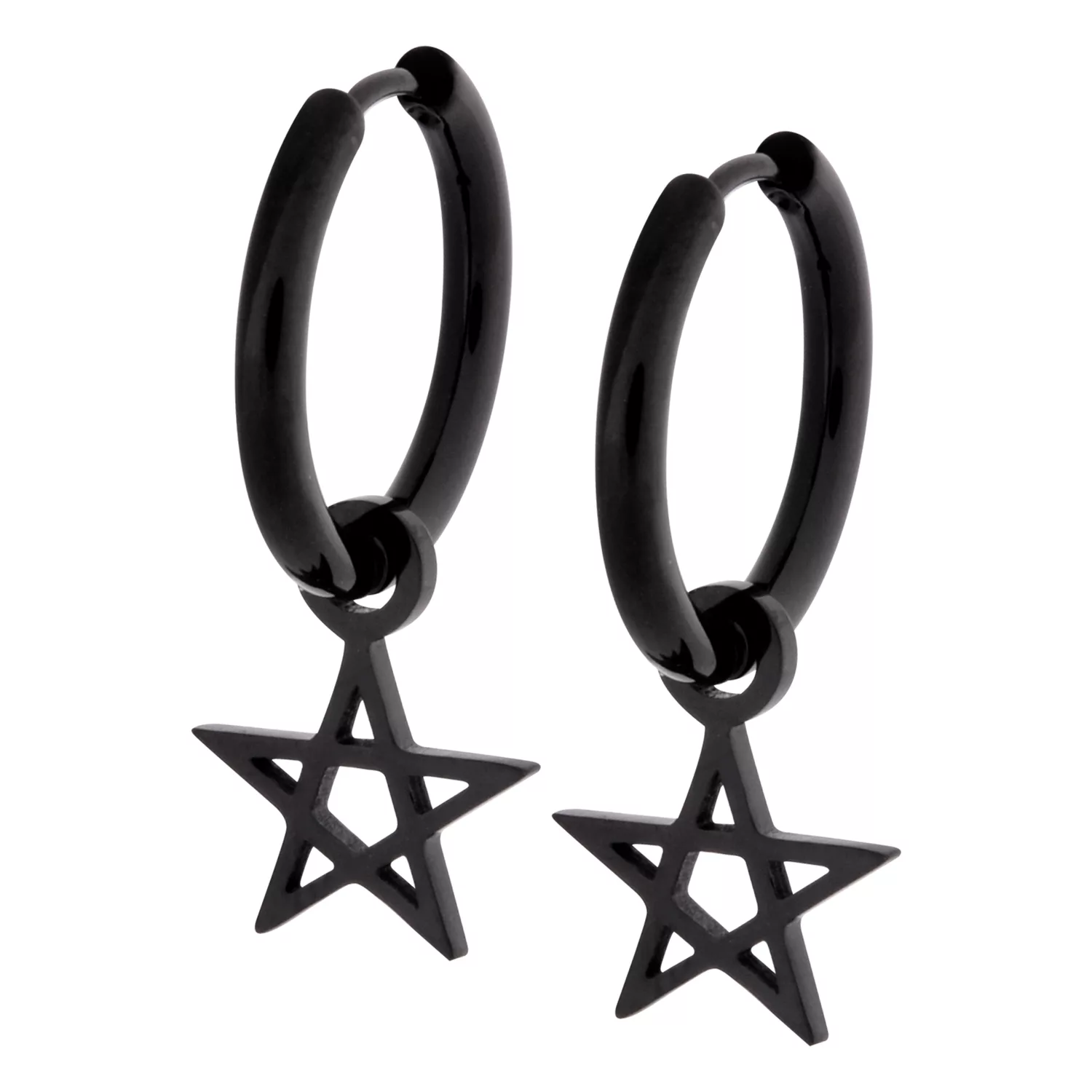 Orecchini Pentagramma Neri in Acciaio Inossidabile Due orecchini neri in acciaio inossidabile con pendente a pentagramma su sfondo bianco