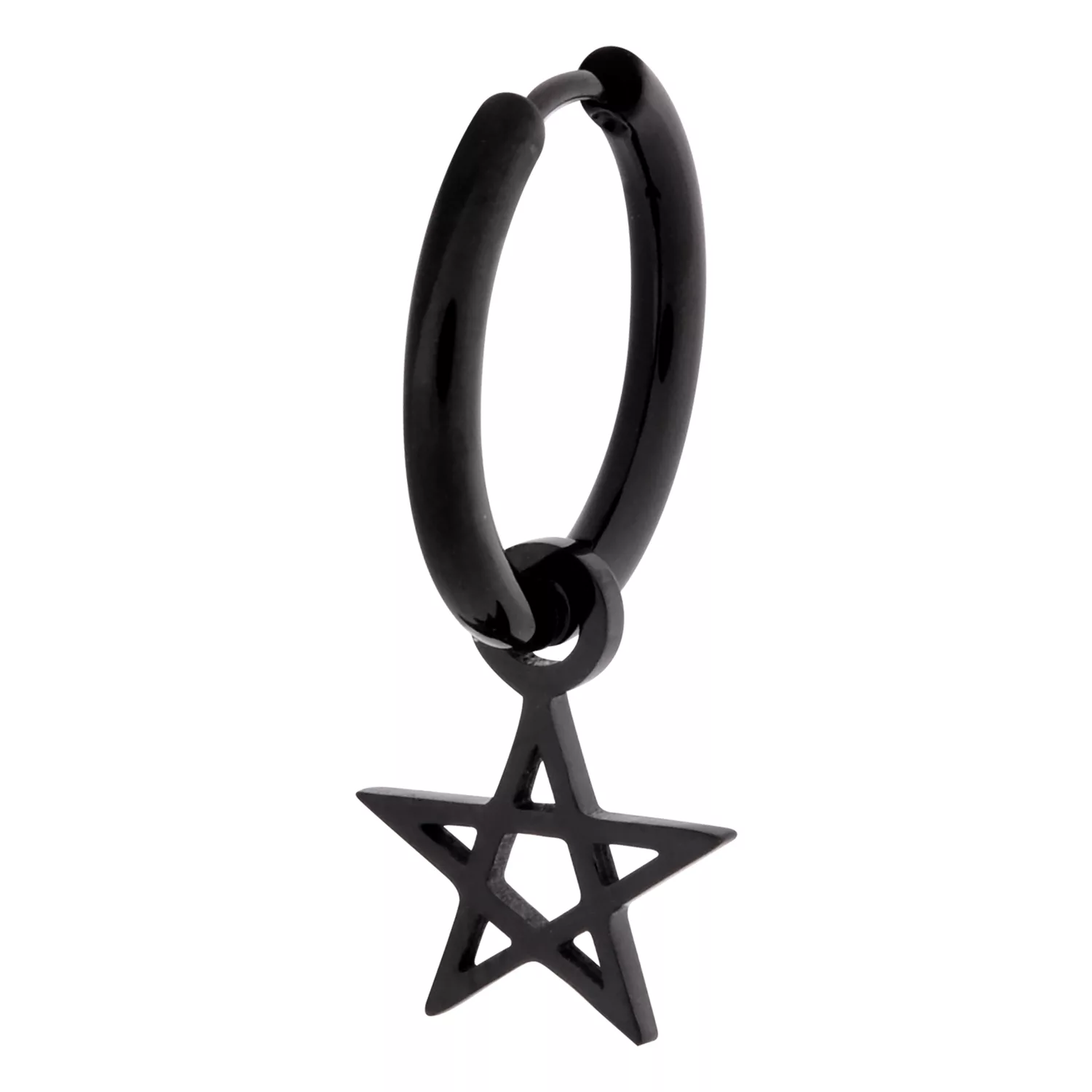 Orecchini Pentagramma Neri in Acciaio Inossidabile Orecchino nero con ciondolo a pentagramma su sfondo bianco