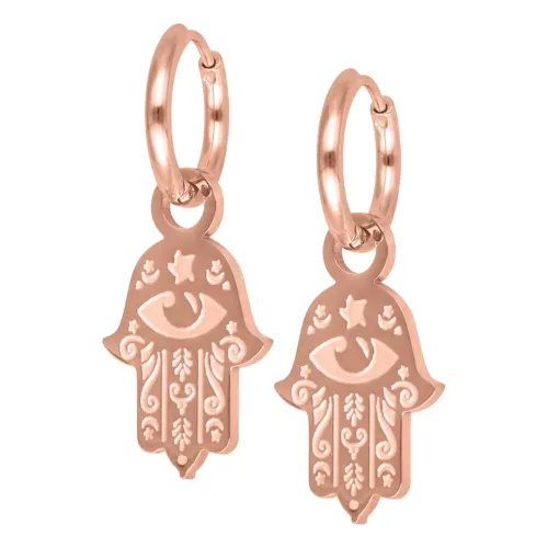 Creolen in oro rosa con ciondolo Hamsa su sfondo bianco