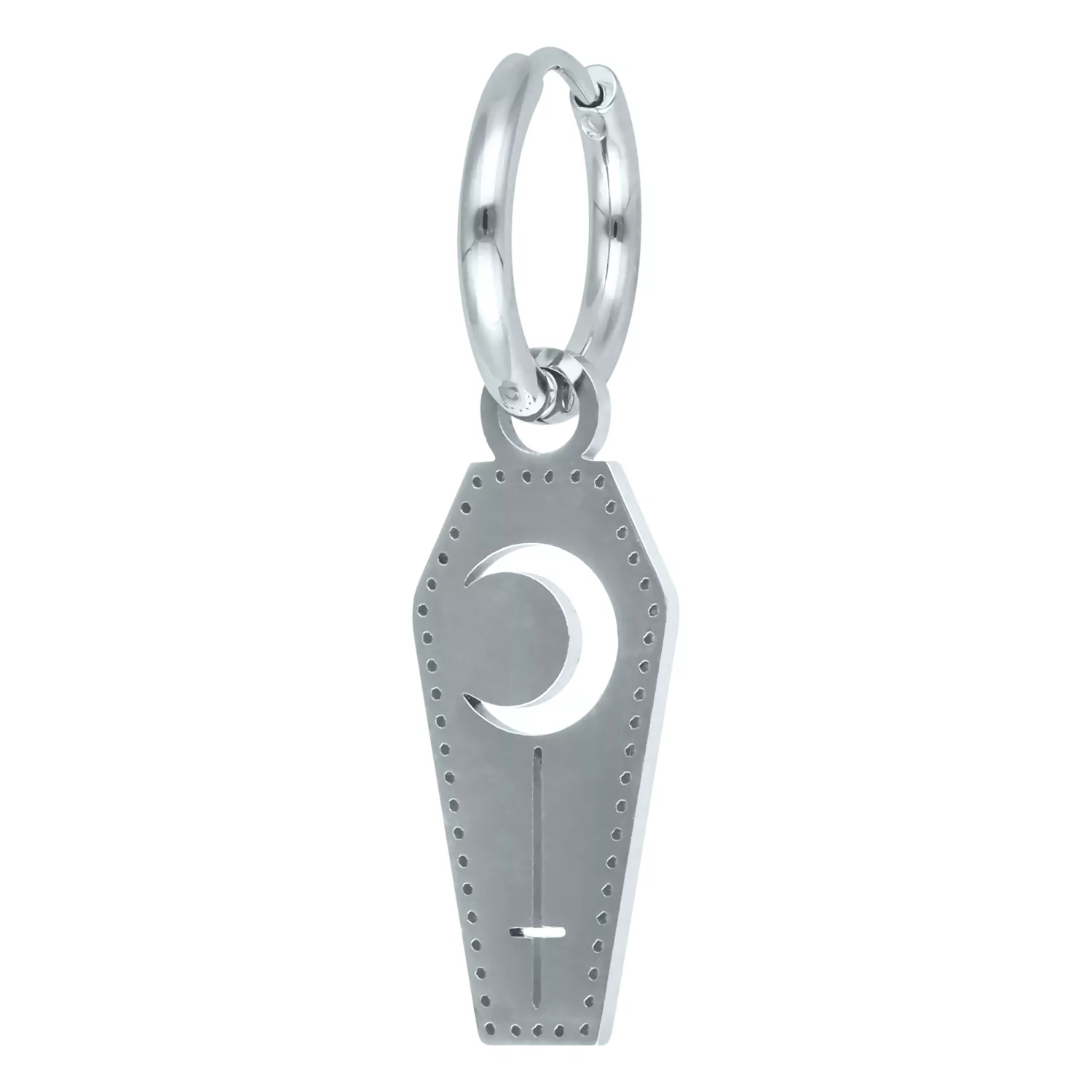 Orecchini in argento con design a bara e motivo lunare su sfondo bianco