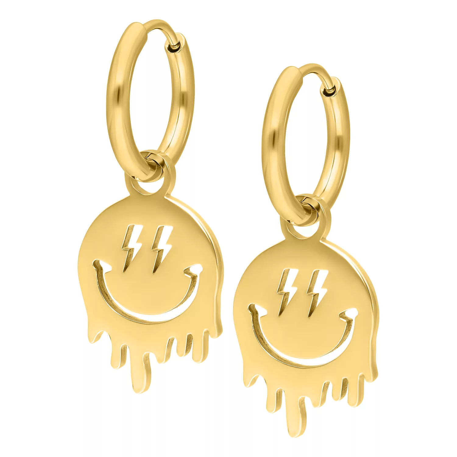 Due orecchini d'oro con ciondolo Smiley su sfondo bianco