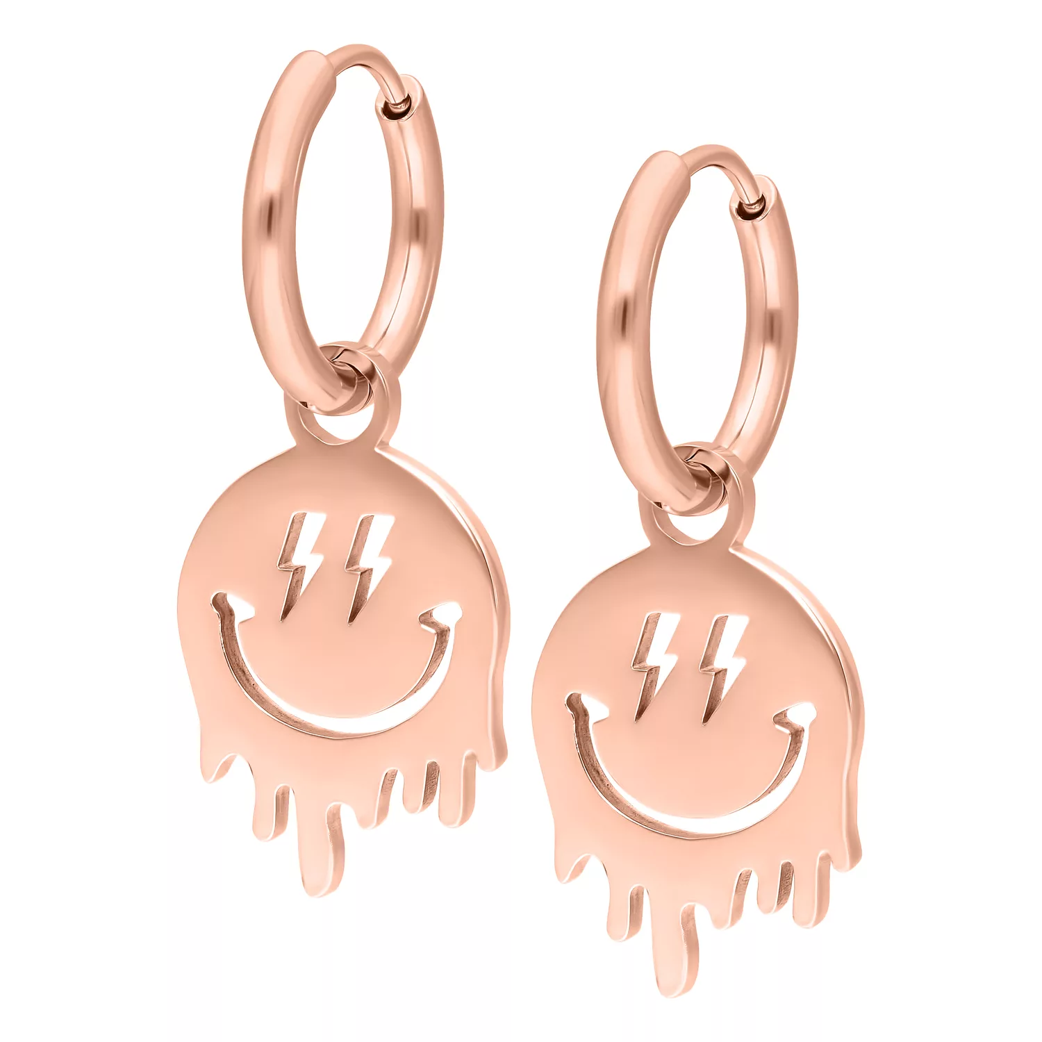 Due cerchi in oro rosa con ciondoli smiley su sfondo bianco