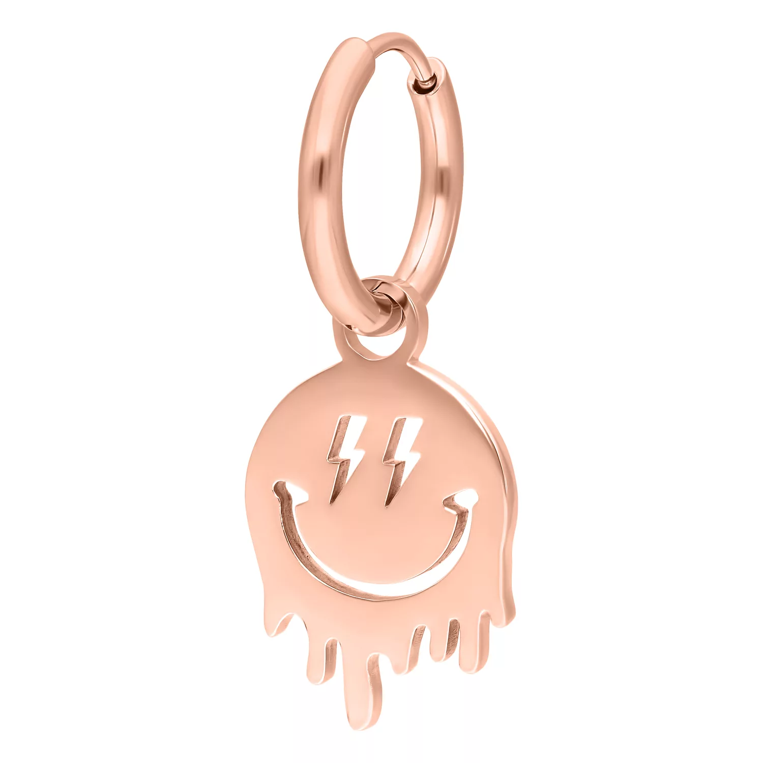 Orecchino in oro rosa con ciondolo a forma di smiley su sfondo bianco