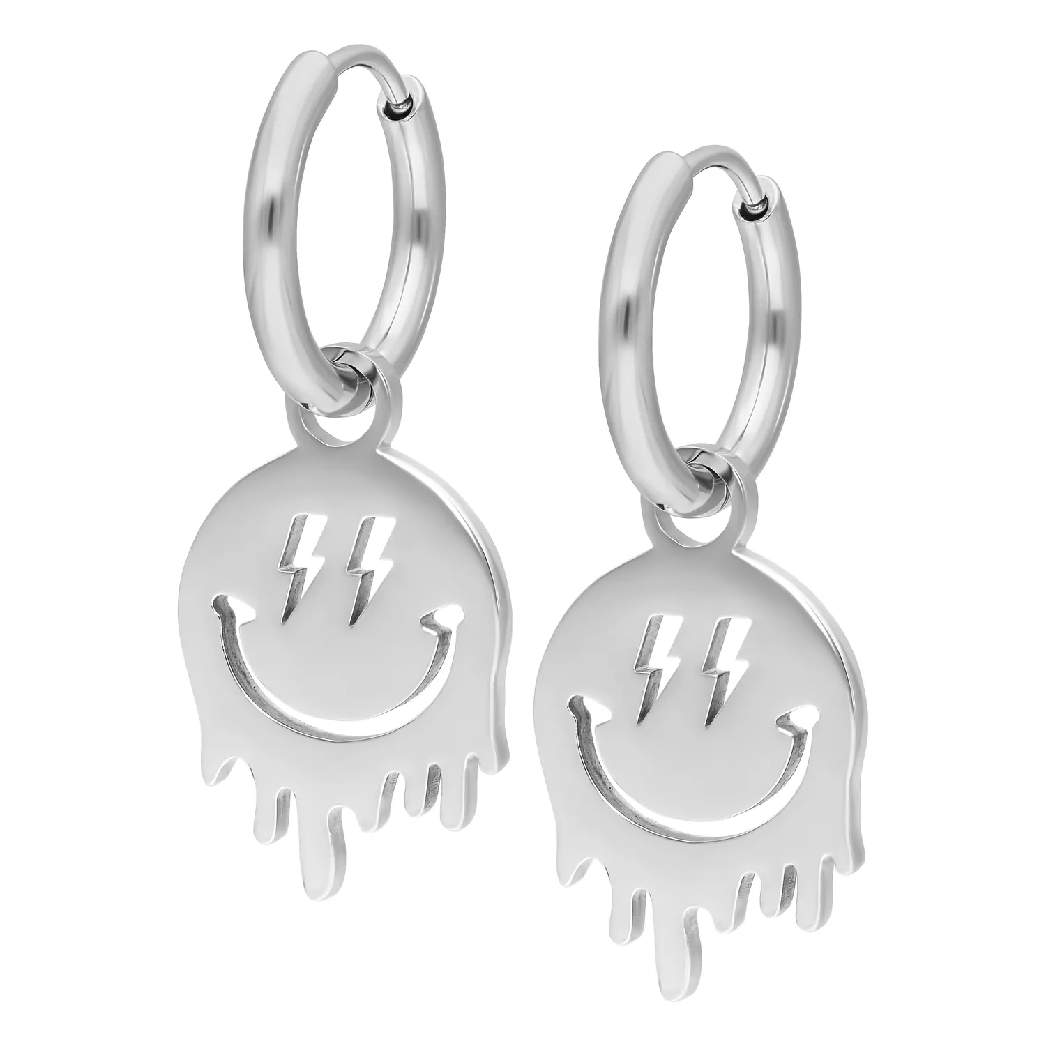 Orecchini a cerchio argento con ciondolo Smiley sorridente su sfondo bianco