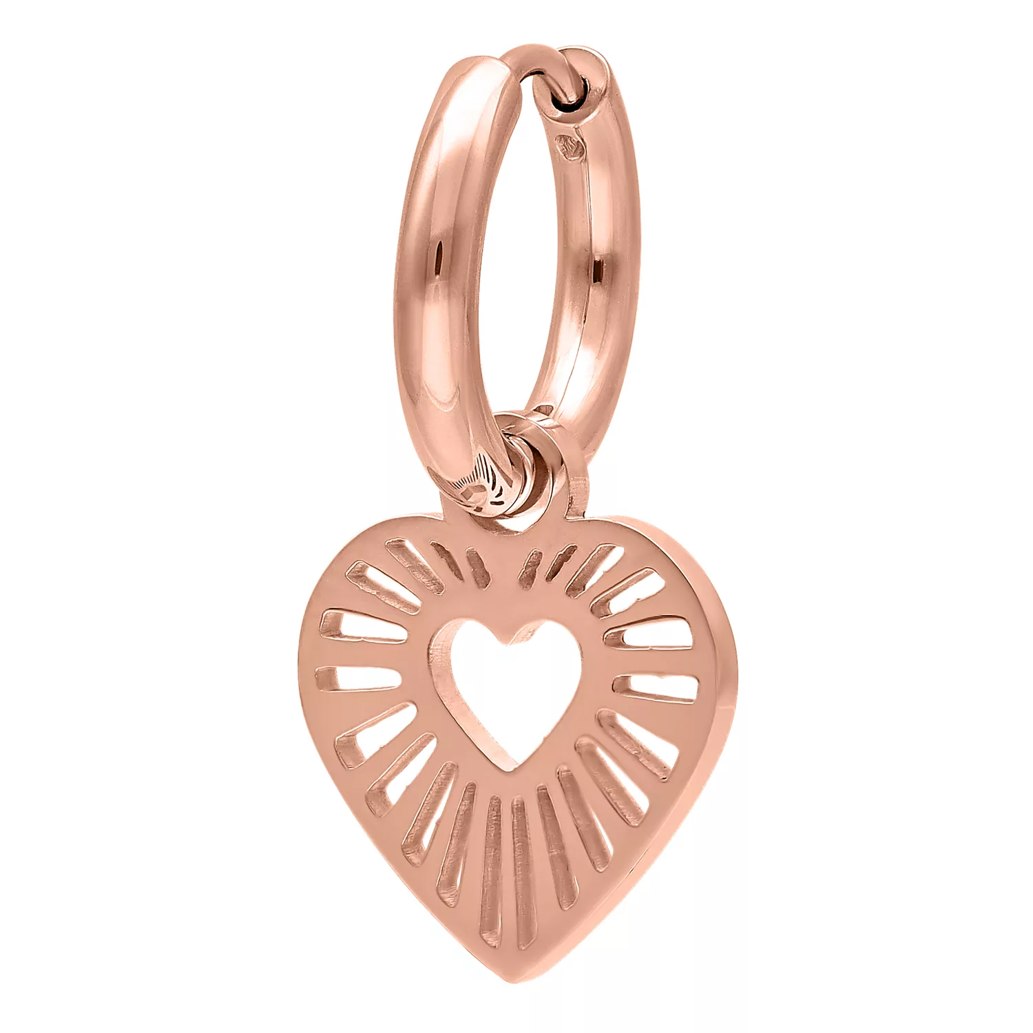 Orecchini a cuore in oro rosa con chiusura a scatto su sfondo bianco