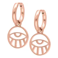 Due orecchini in oro rosa con ciondolo a forma di occhio, su sfondo bianco
