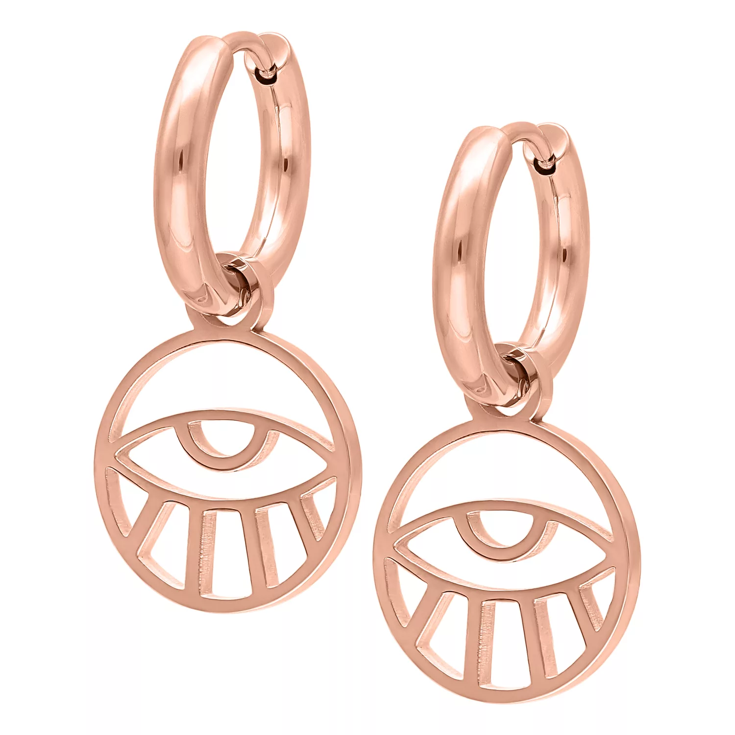 Due orecchini in oro rosa con ciondolo a forma di occhio, su sfondo bianco