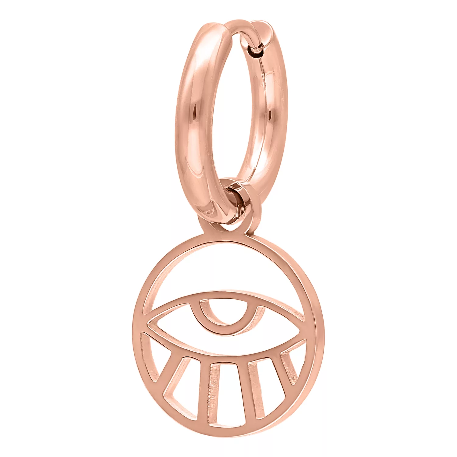 Orecchino a cerchio in oro rosa con ciondolo a occhio su sfondo bianco