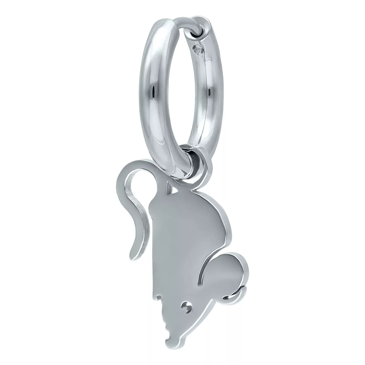 Orecchini a cerchio d'argento con ciondolo liscio a forma di topo in acciaio chirurgico