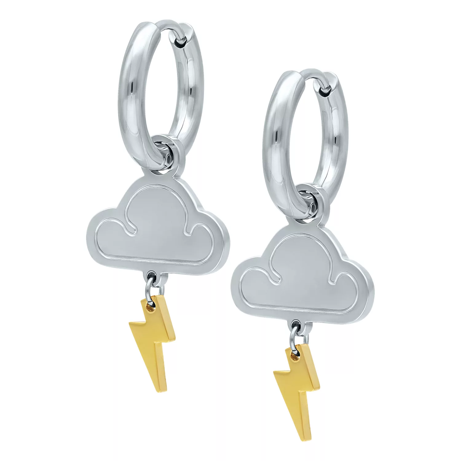 Orecchini in argento con ciondolo a nuvola e fulmine dorato su sfondo bianco