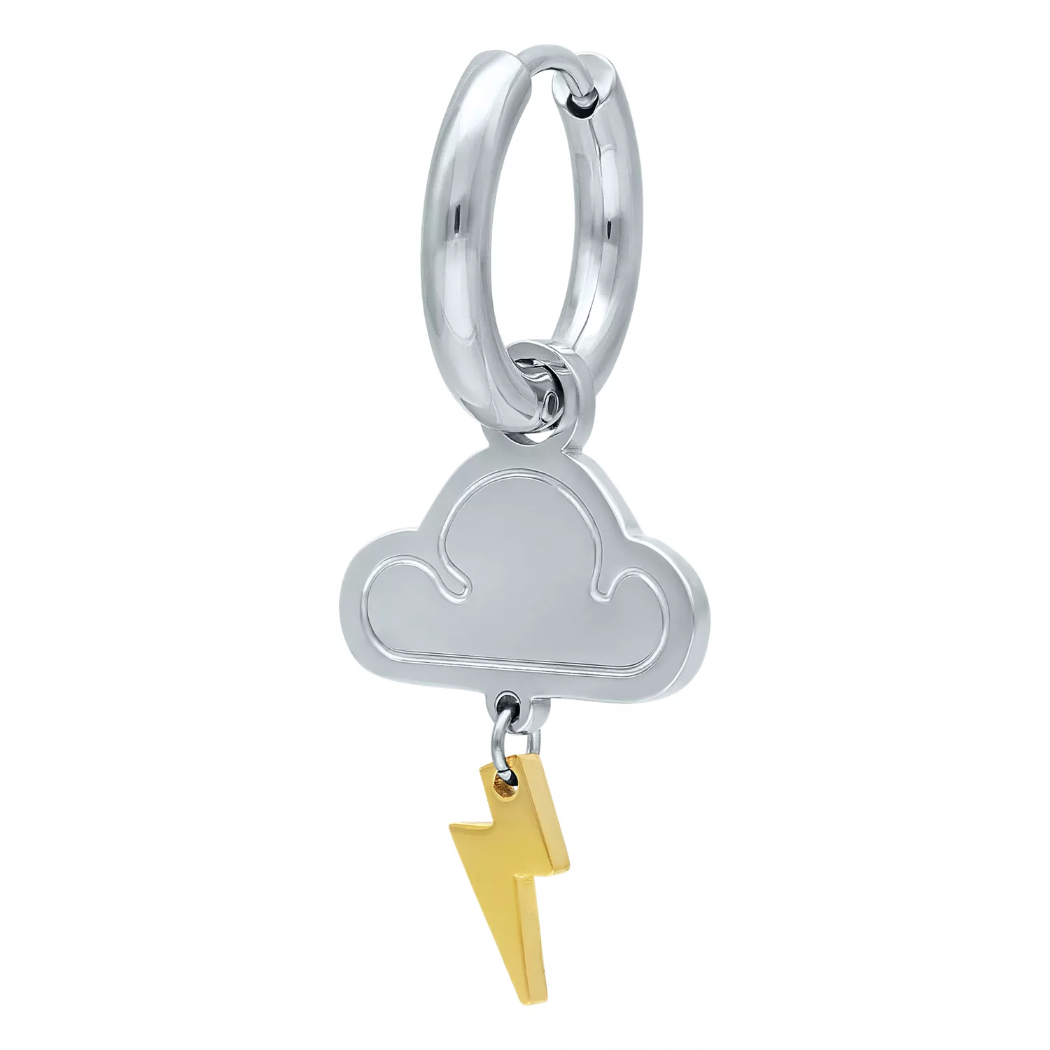 Orecchino a cerchio d'argento con ciondolo nuvola e fulmine dorato su sfondo bianco