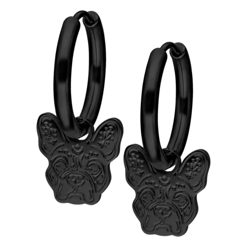 Orecchini neri a forma di testa di bulldog su sfondo bianco