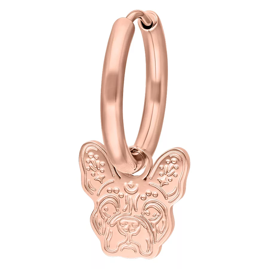 Creole in oro rosa con ciondolo a forma di bulldog su sfondo bianco