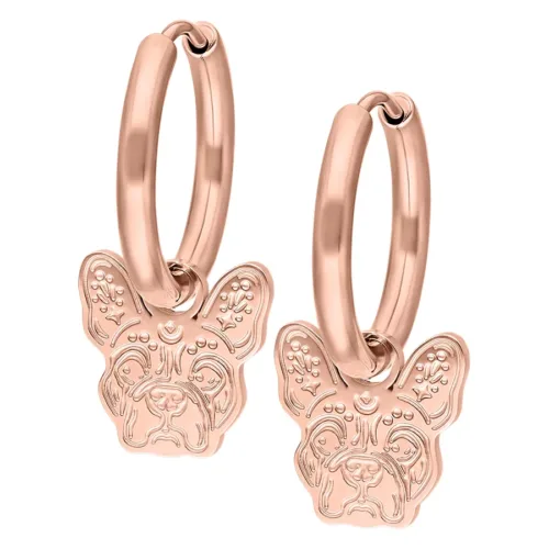 Creole in oro rosa con ciondoli a forma di bulldog su sfondo bianco