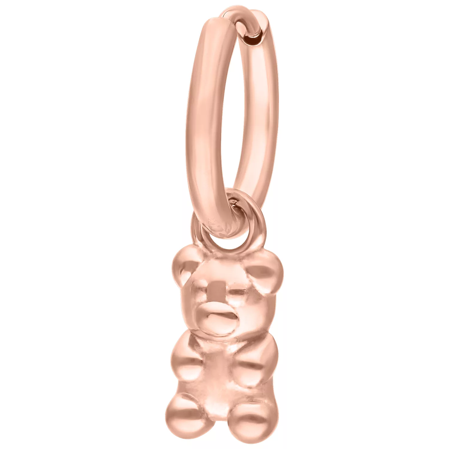 Orecchini in oro rosa con ciondolo a orsetto su sfondo bianco