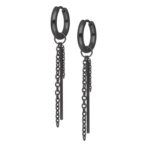 Orecchini neri con dettagli a catena su sfondo bianco