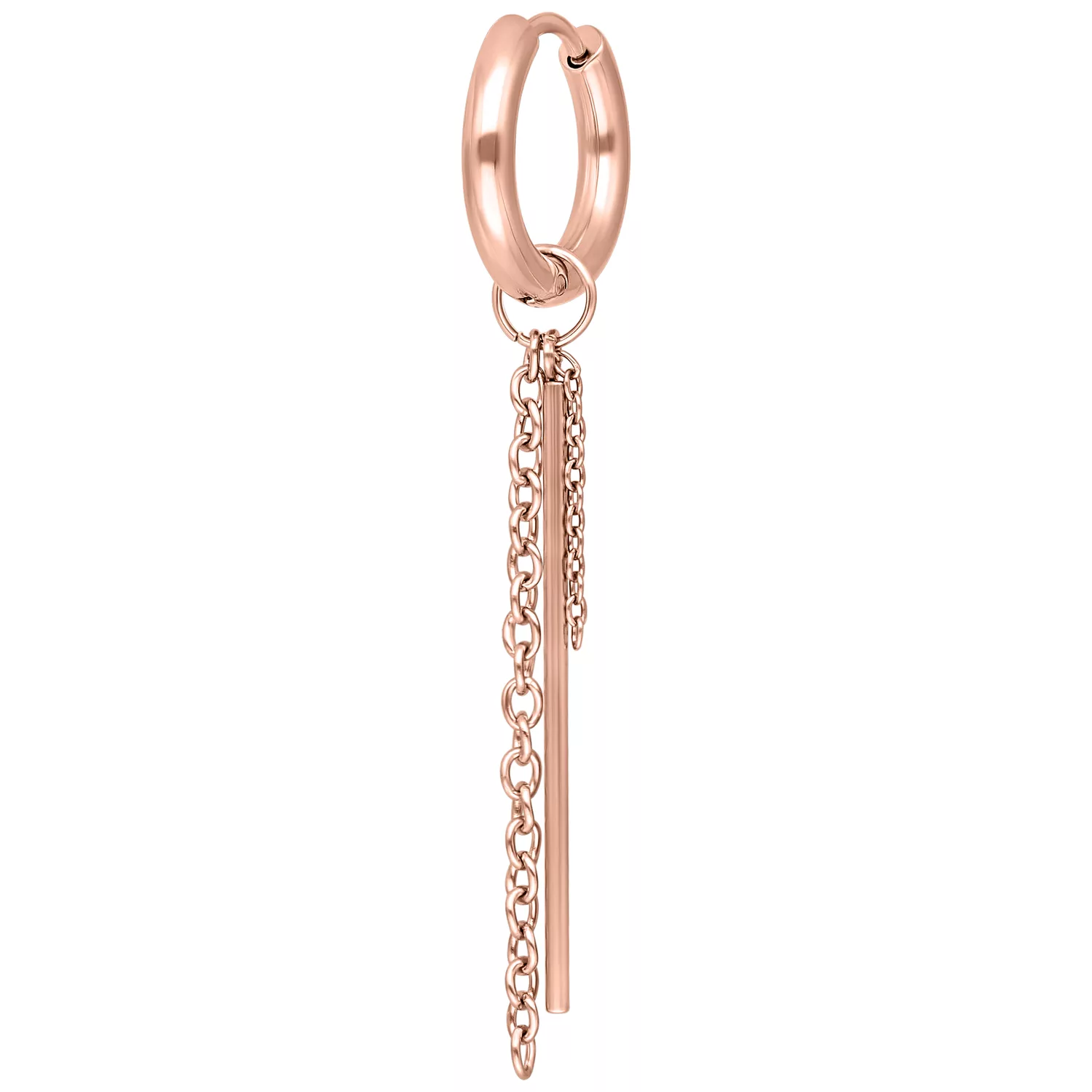 Orecchini in oro rosa con pendente a catena su sfondo bianco