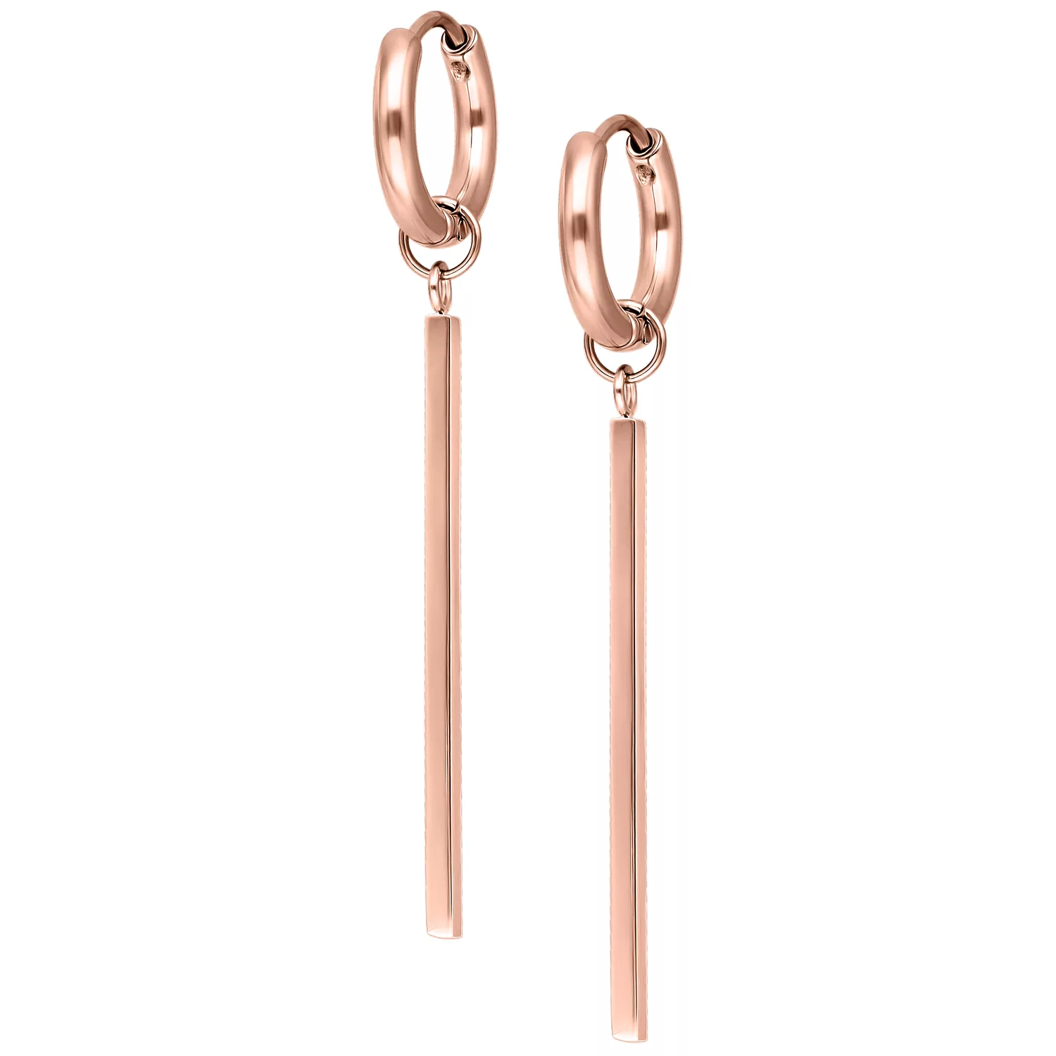 Eleganti orecchini in oro rosa con chiusura a scatto su sfondo bianco