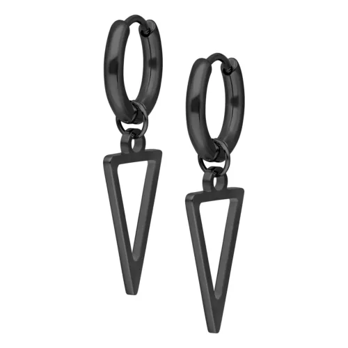 Orecchini a cerchio triangolari neri in acciaio chirurgico su sfondo bianco