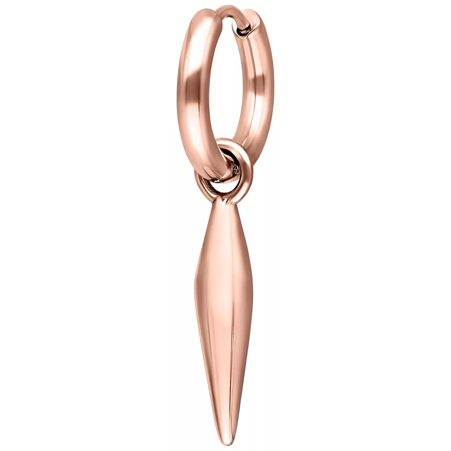 Orecchini in oro rosa con pendente a proiettile lucido su sfondo bianco