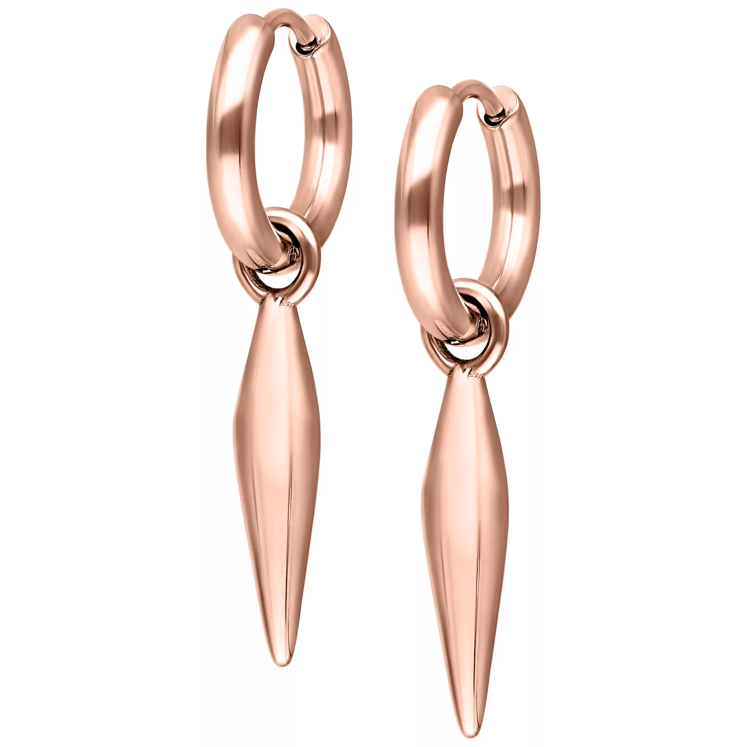 Orecchini in oro rosa con pendente allungato su sfondo bianco