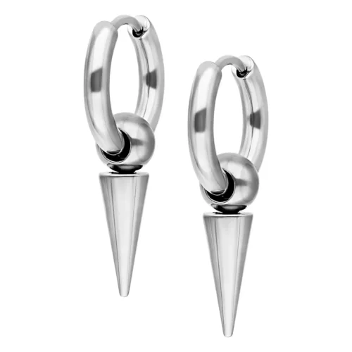 Orecchini a cerchio argentati con lunghe punte in acciaio chirurgico su sfondo bianco