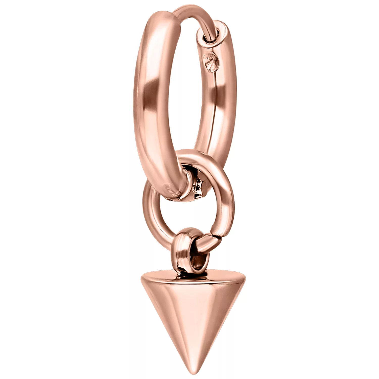 Cerchi in oro rosa con pendente a spillo corto su sfondo bianco