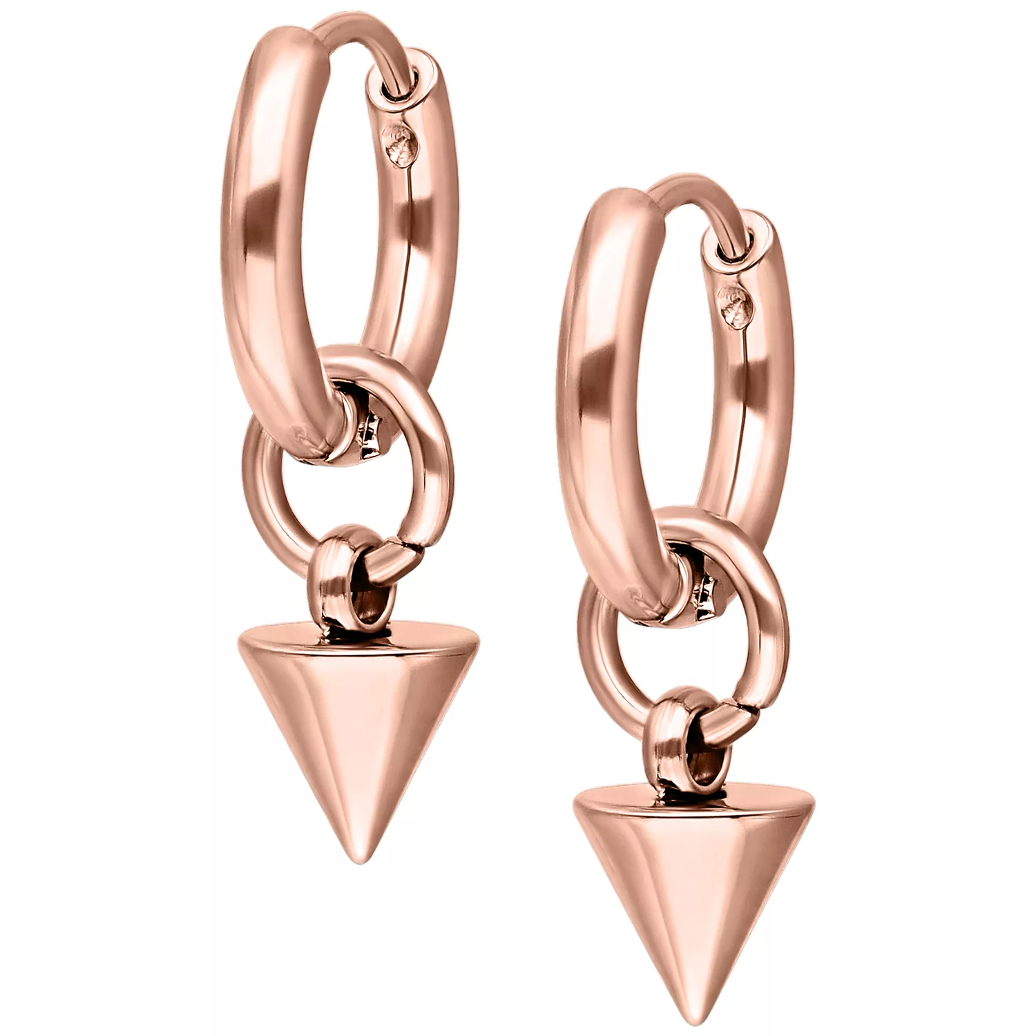 Piccoli cerchi in oro rosa con punte su sfondo bianco