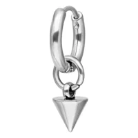 Orecchini a cerchio argentati con ciondolo a punta rimovibile su sfondo bianco