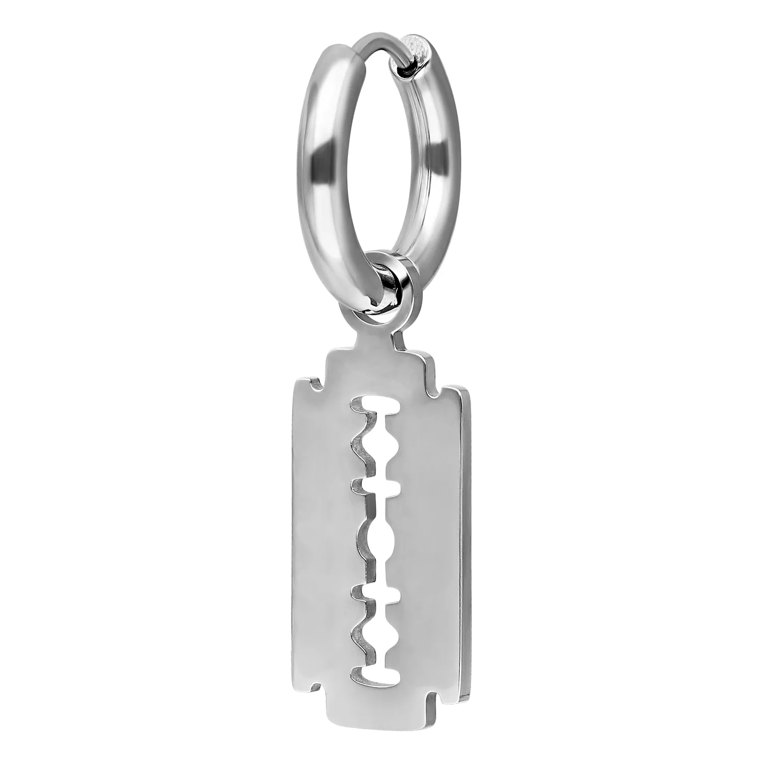 Orecchino color argento con ciondolo a forma di lametta su sfondo bianco