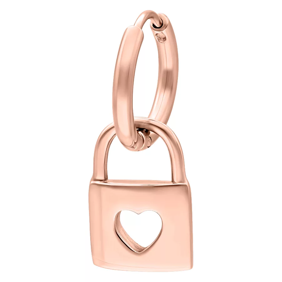 Orecchini in oro rosa con ciondolo a lucchetto su sfondo bianco