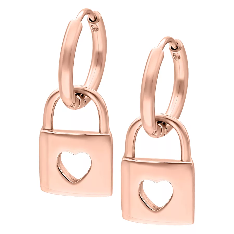 Orecchini in oro rosa con pendente a lucchetto e motivo a cuore su sfondo bianco