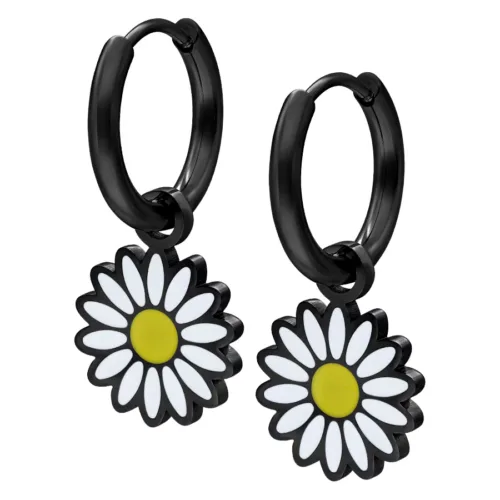Orecchini Daisy Hoops neri in acciaio chirurgico con ciondolo a margherita su sfondo bianco