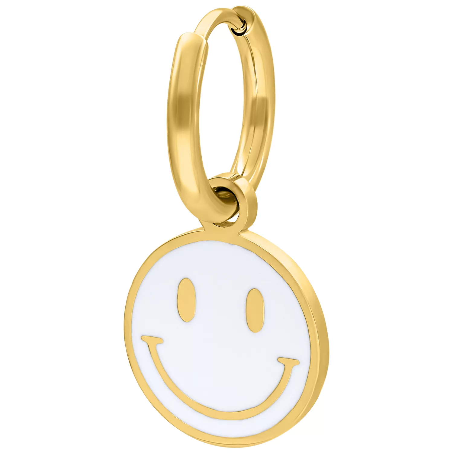 Orecchino dorato con ciondolo smiley bianco su sfondo bianco