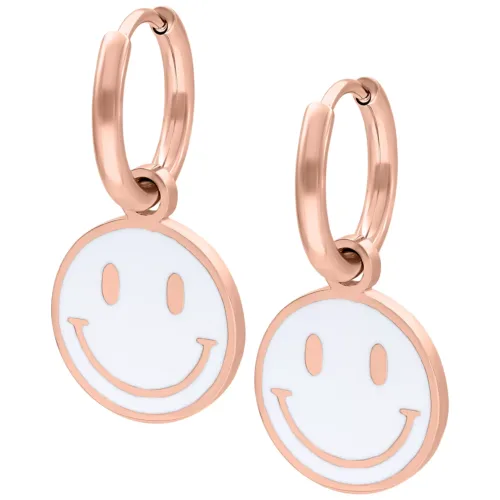 Orecchino Smiley bianco in acciaio chirurgico oro rosa su sfondo bianco