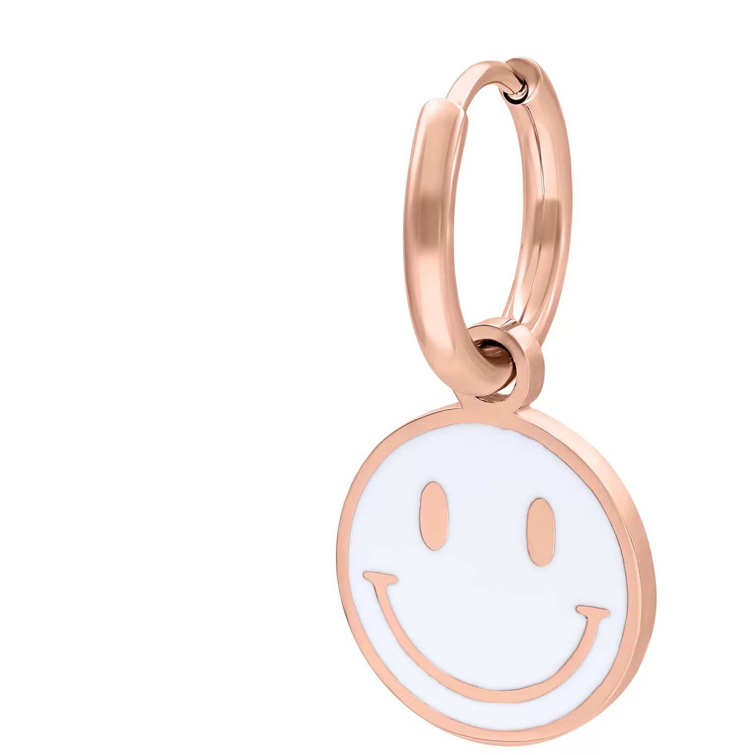 Orecchini in oro rosa con ciondolo smiley bianco su sfondo bianco
