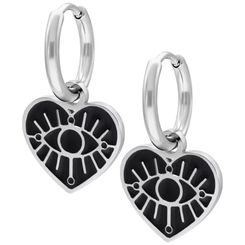 Orecchini in argento con ciondolo a forma di cuore e motivo a occhi su sfondo bianco