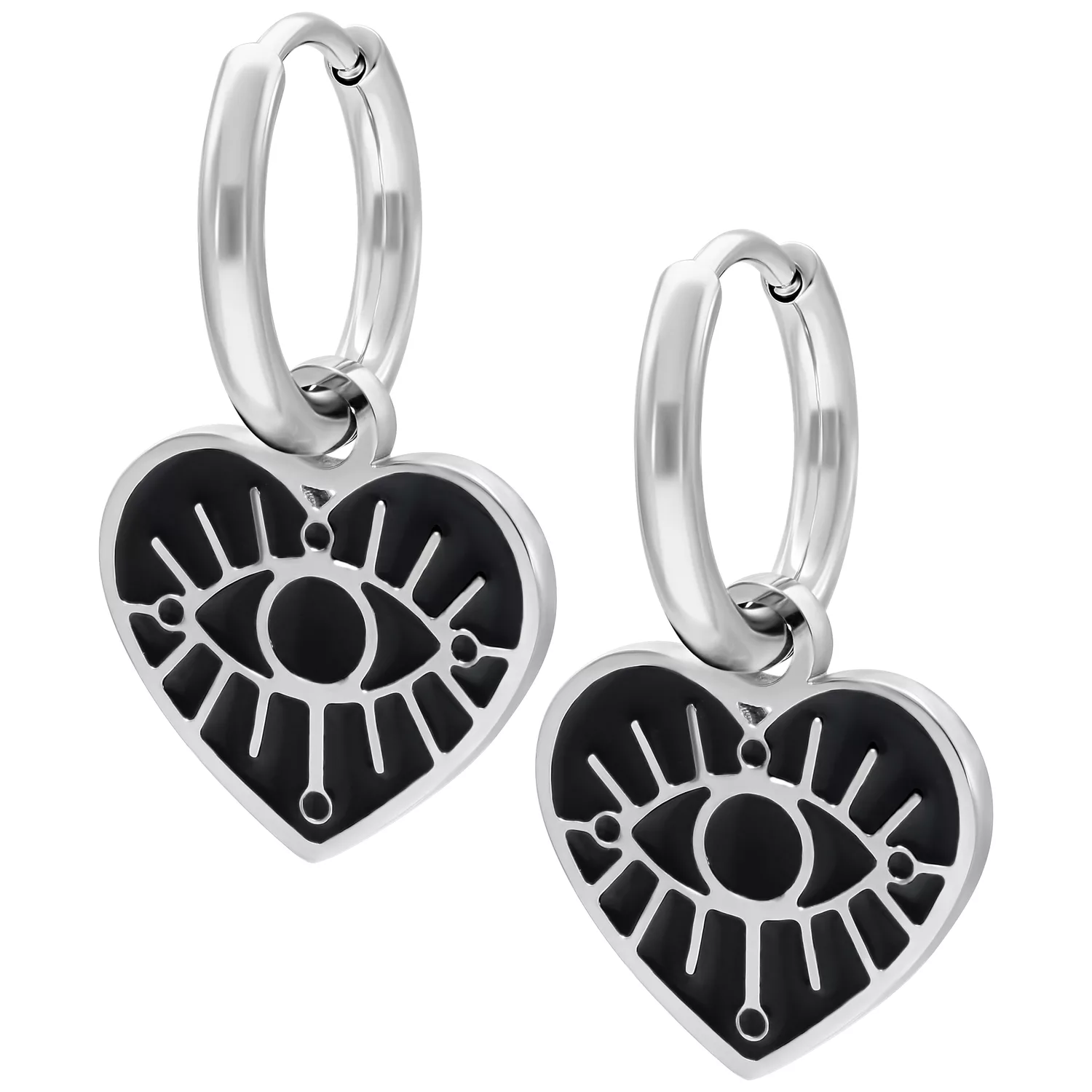 Orecchini in argento con ciondolo a forma di cuore e motivo a occhi su sfondo bianco