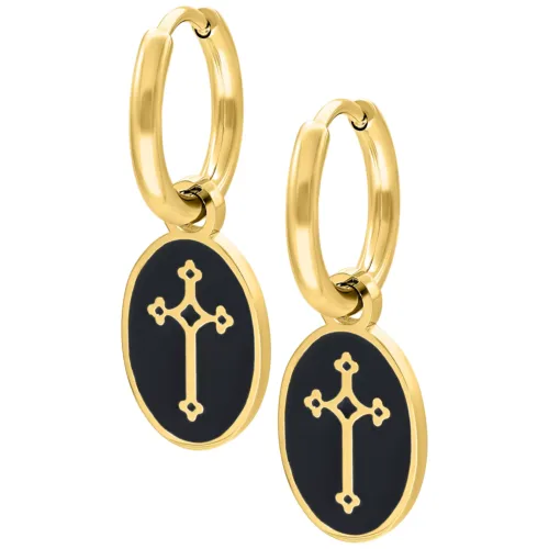 Orecchini d'oro con pendente a croce nera su sfondo bianco