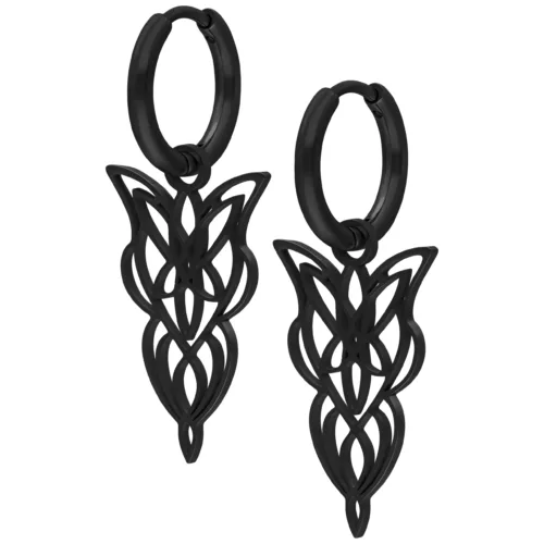 Orecchini neri in acciaio chirurgico con design filigranato su sfondo bianco