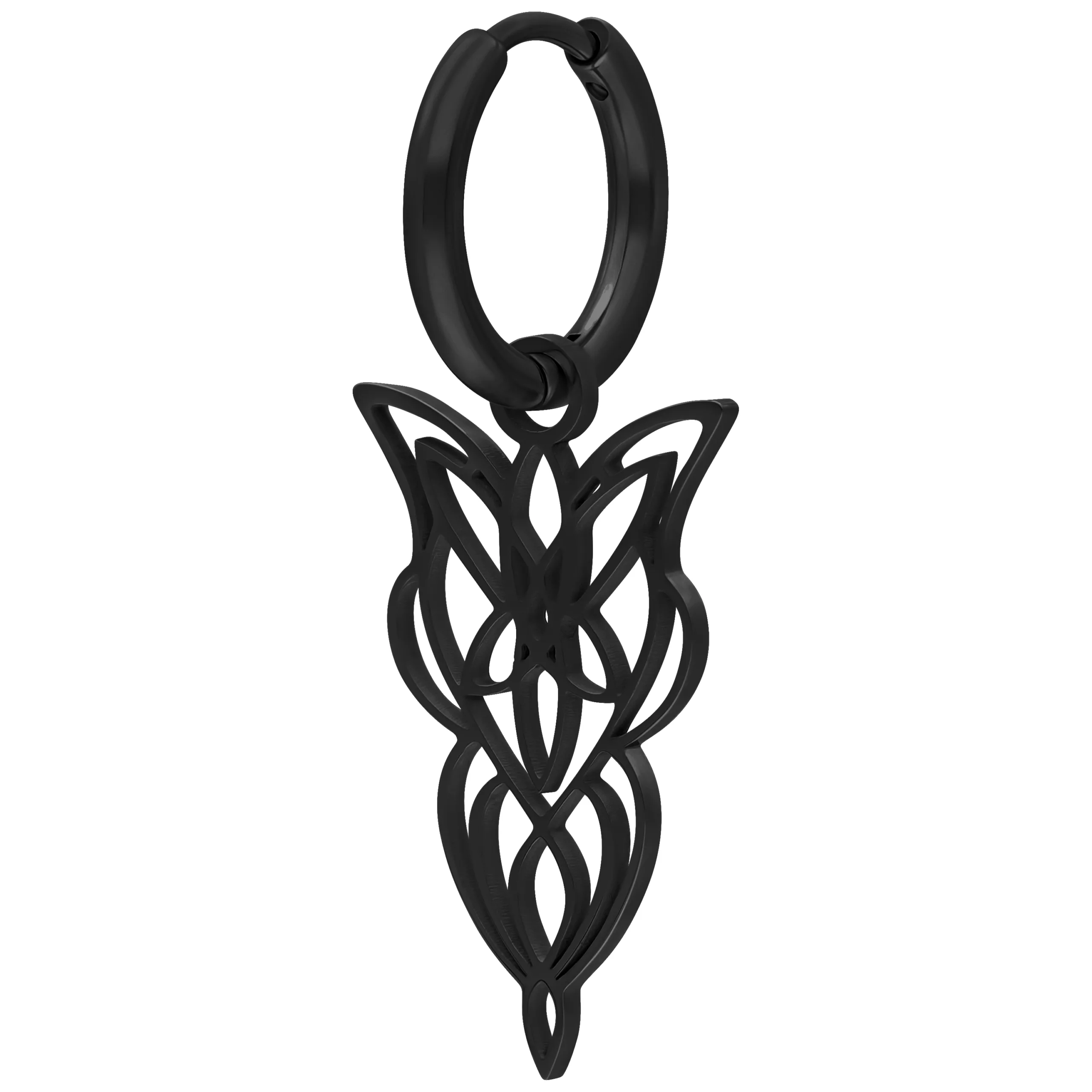 Orecchino nero in acciaio chirurgico con chiusura a scatto su sfondo bianco