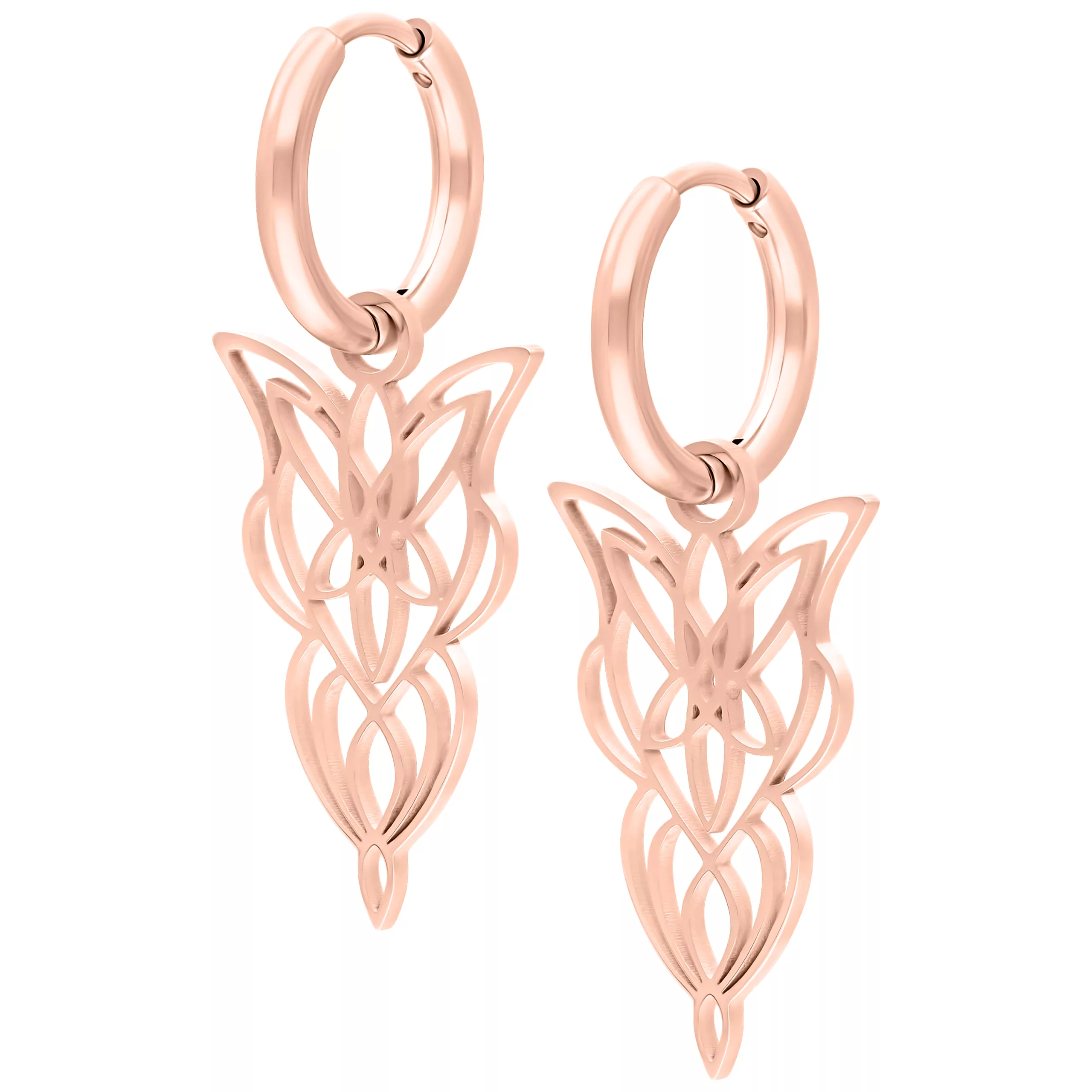 Orecchini in oro rosa con design delicato su sfondo bianco