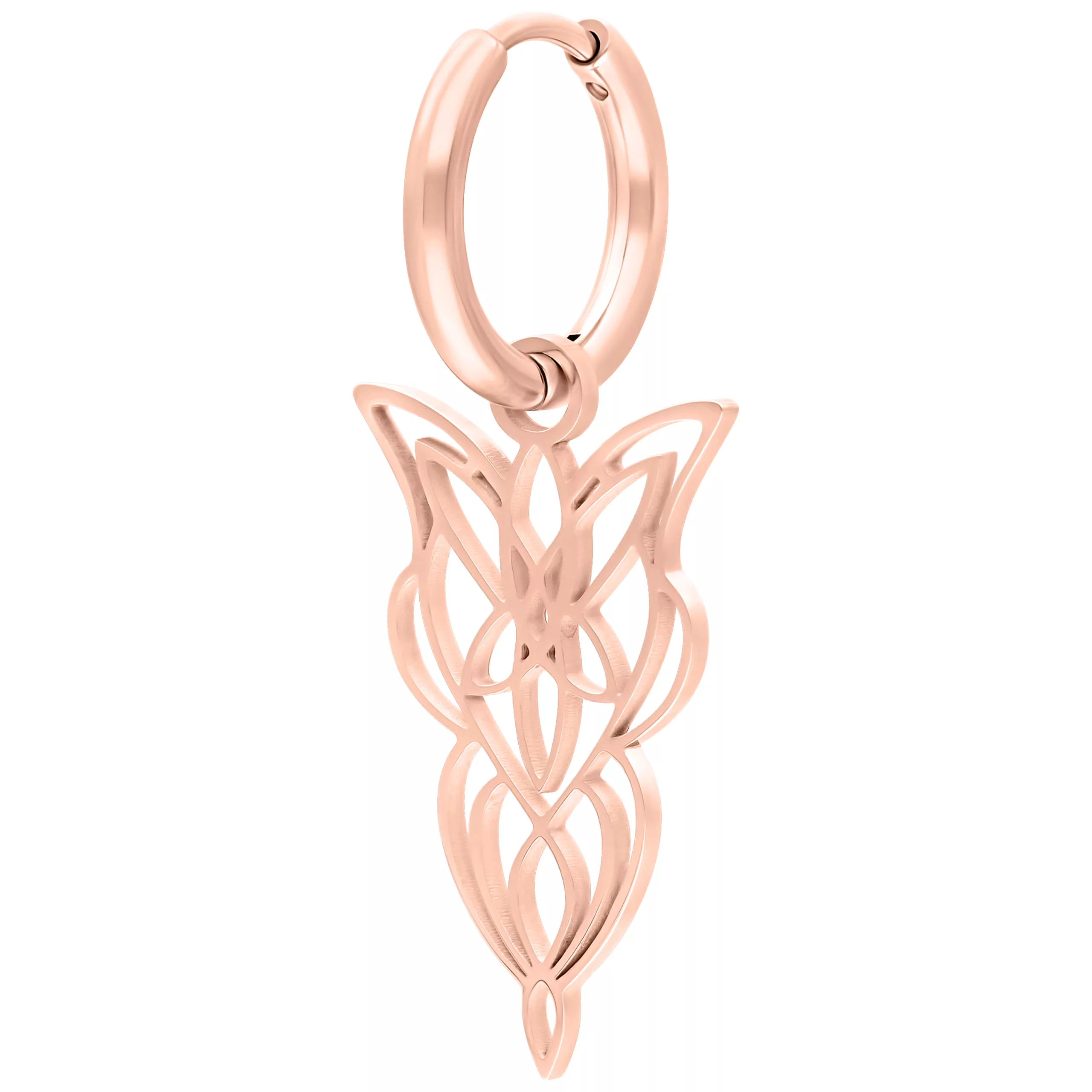 Orecchini in oro rosa con design filigranato su sfondo bianco