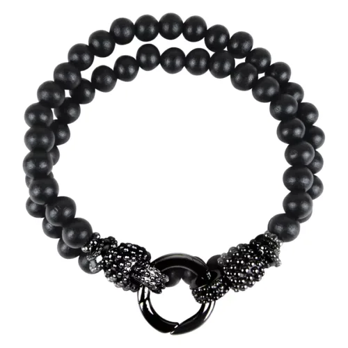 Bracciale nero in legno e acciaio chirurgico, lungo 160 mm, su sfondo bianco
