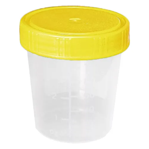 Bicchiere sterile 100ml, corpo trasparente con coperchio giallo