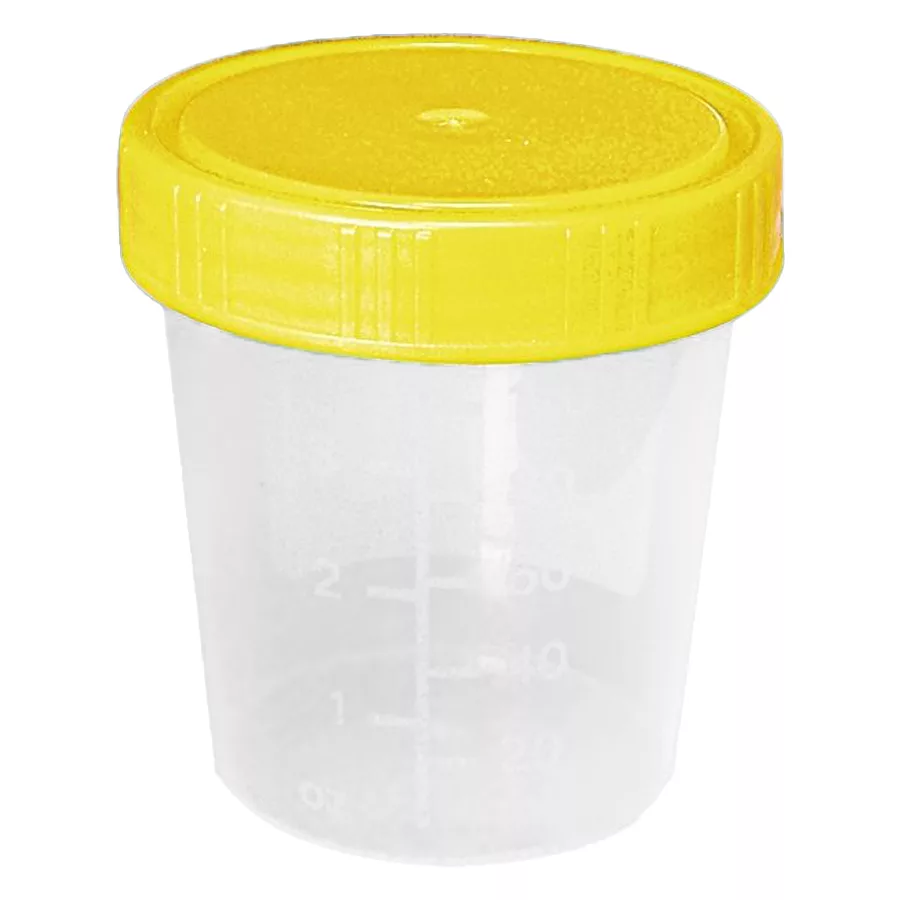 Bicchiere sterile 100ml, Giallo-Trasparente Bicchiere sterile 100ml, corpo trasparente con coperchio giallo